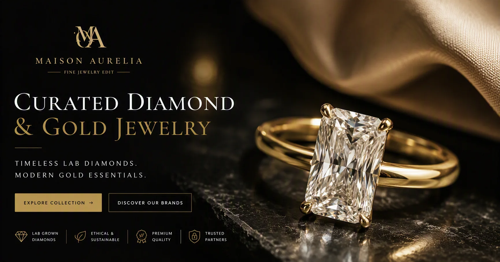 Luxury gold ring with a radiant-cut diamond on a black and champagne editorial background